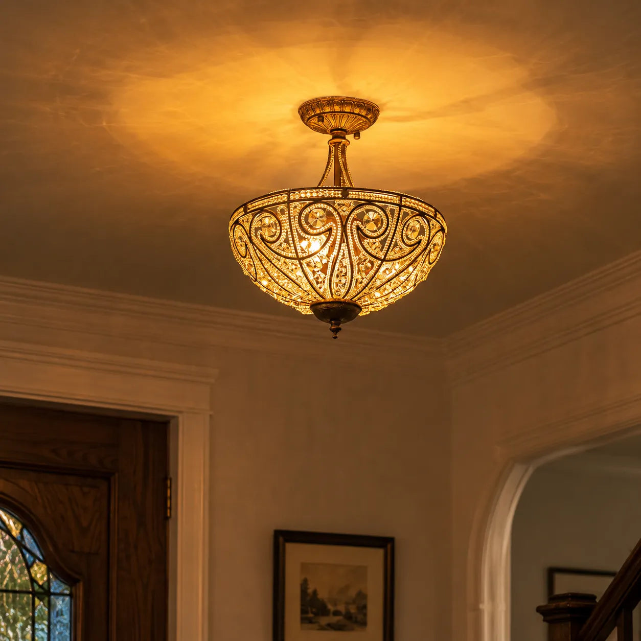 Vintage 3-Light Crystal Bowl Semi Flush Ceiling Fixture