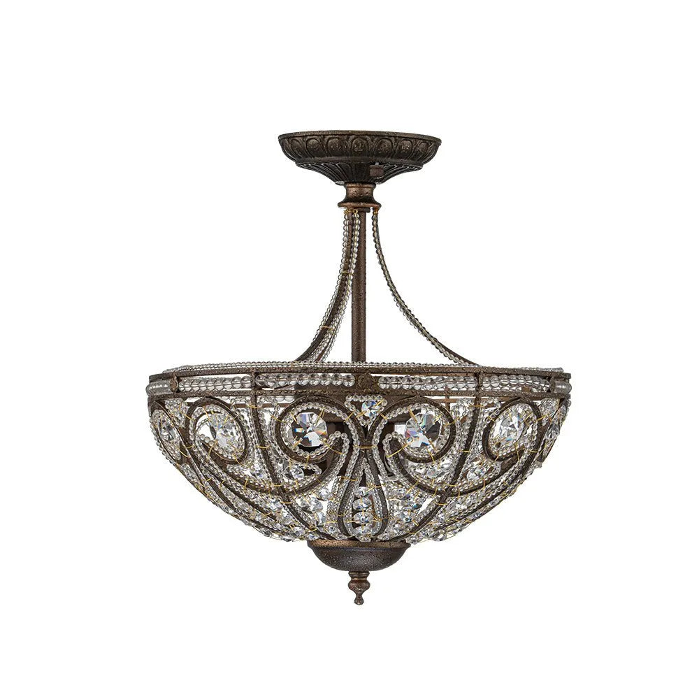 Vintage 3-Light Crystal Bowl Semi Flush Ceiling Fixture