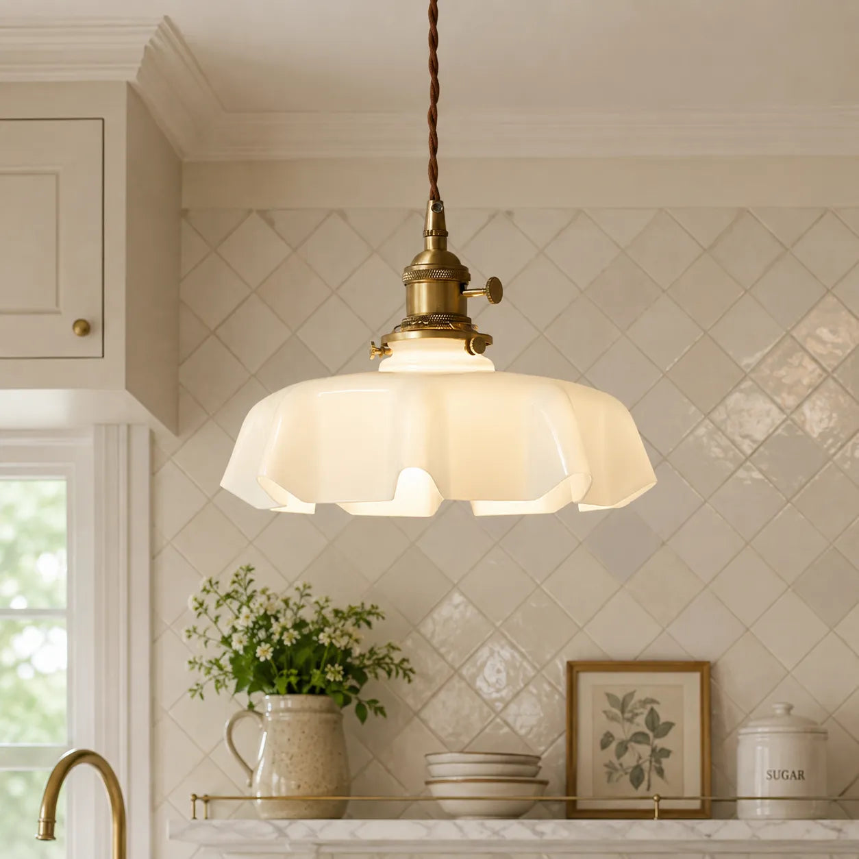 Vintage Cream Glass Flower Pendant Light
