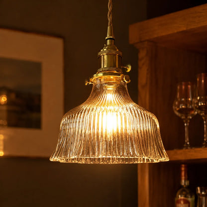 Vintage Olive Ribbed Glass Bell Pendant Light