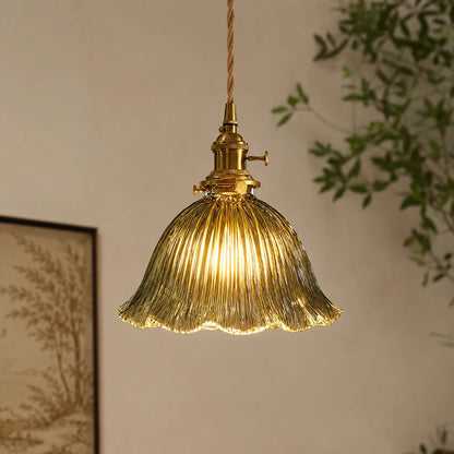 Vintage Olive Ribbed Glass Bell Pendant Light