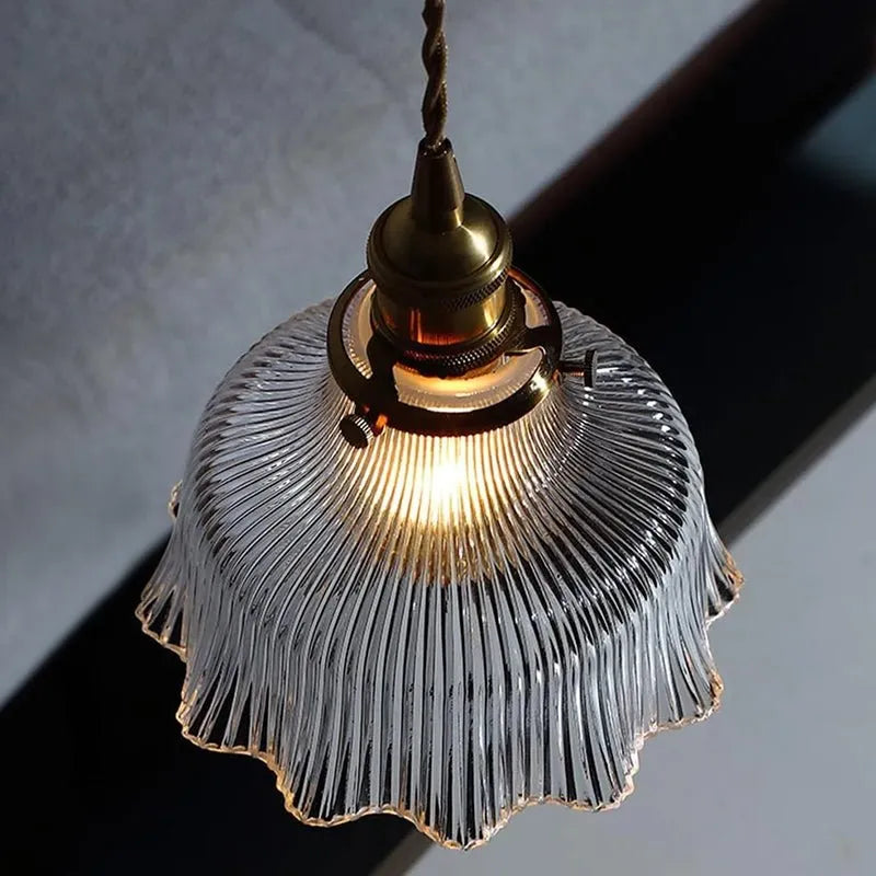 Vintage Olive Ribbed Glass Bell Pendant Light