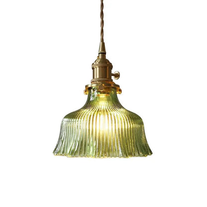 Vintage Olive Ribbed Glass Bell Pendant Light
