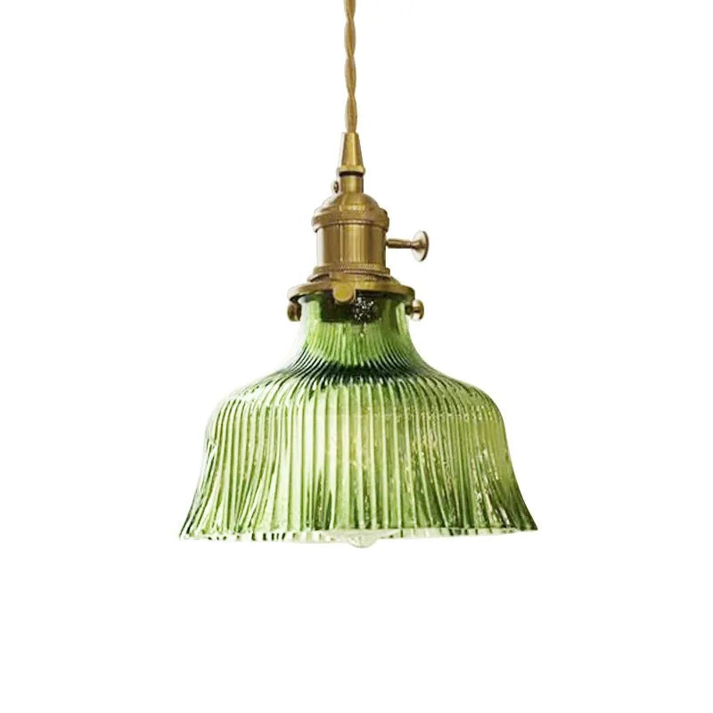 Vintage Olive Ribbed Glass Bell Pendant Light