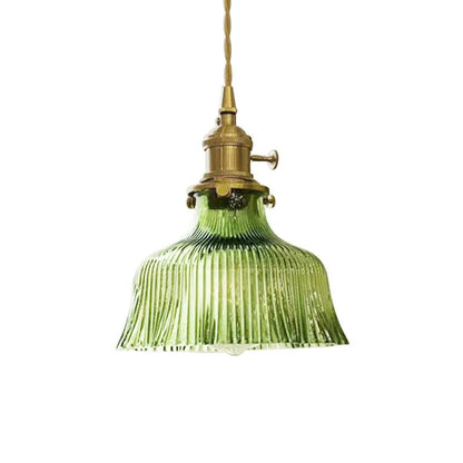 Vintage Olive Ribbed Glass Bell Pendant Light