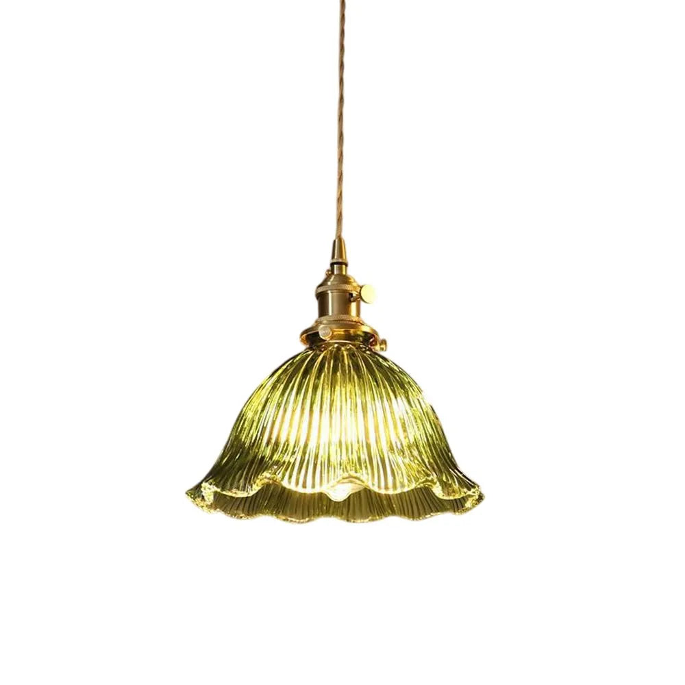 Vintage Olive Ribbed Glass Bell Pendant Light