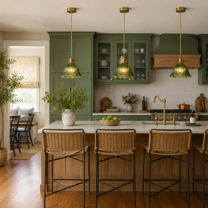 Vintage Olive Ribbed Glass Bell Pendant Light