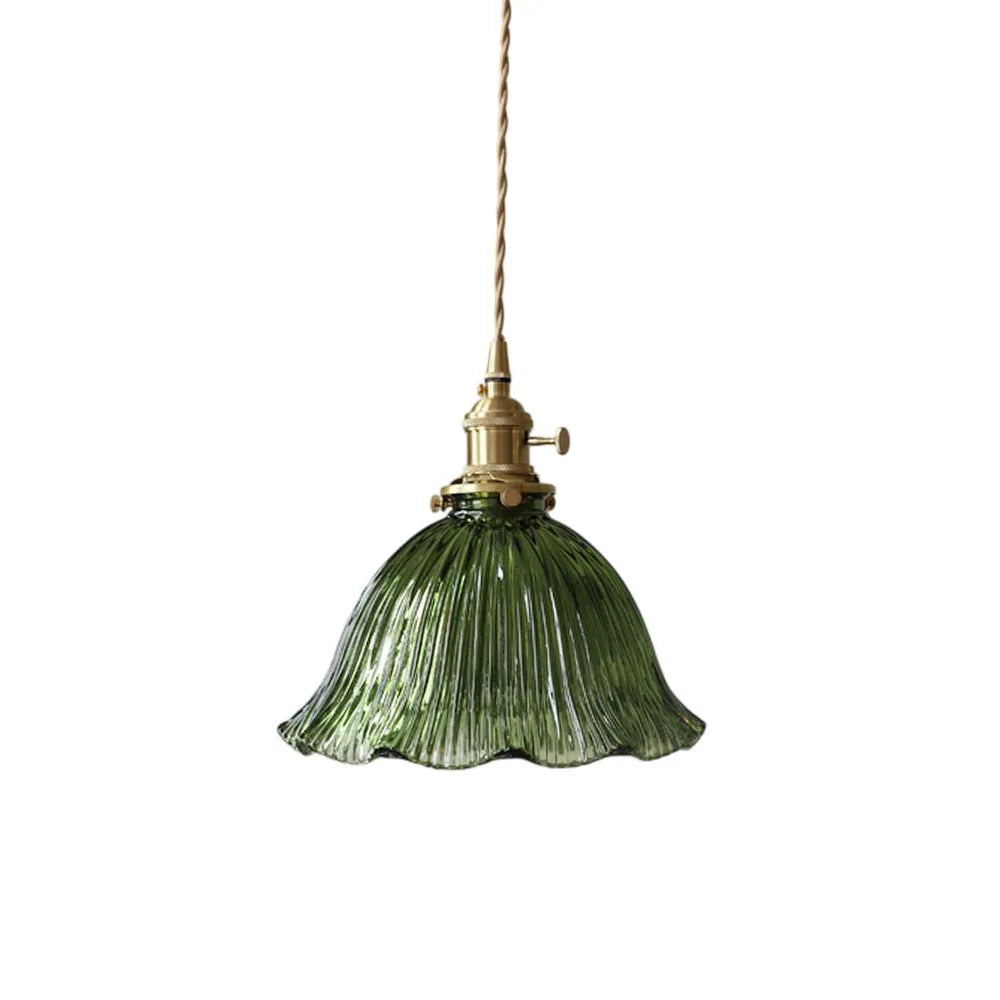 Vintage Olive Ribbed Glass Bell Pendant Light