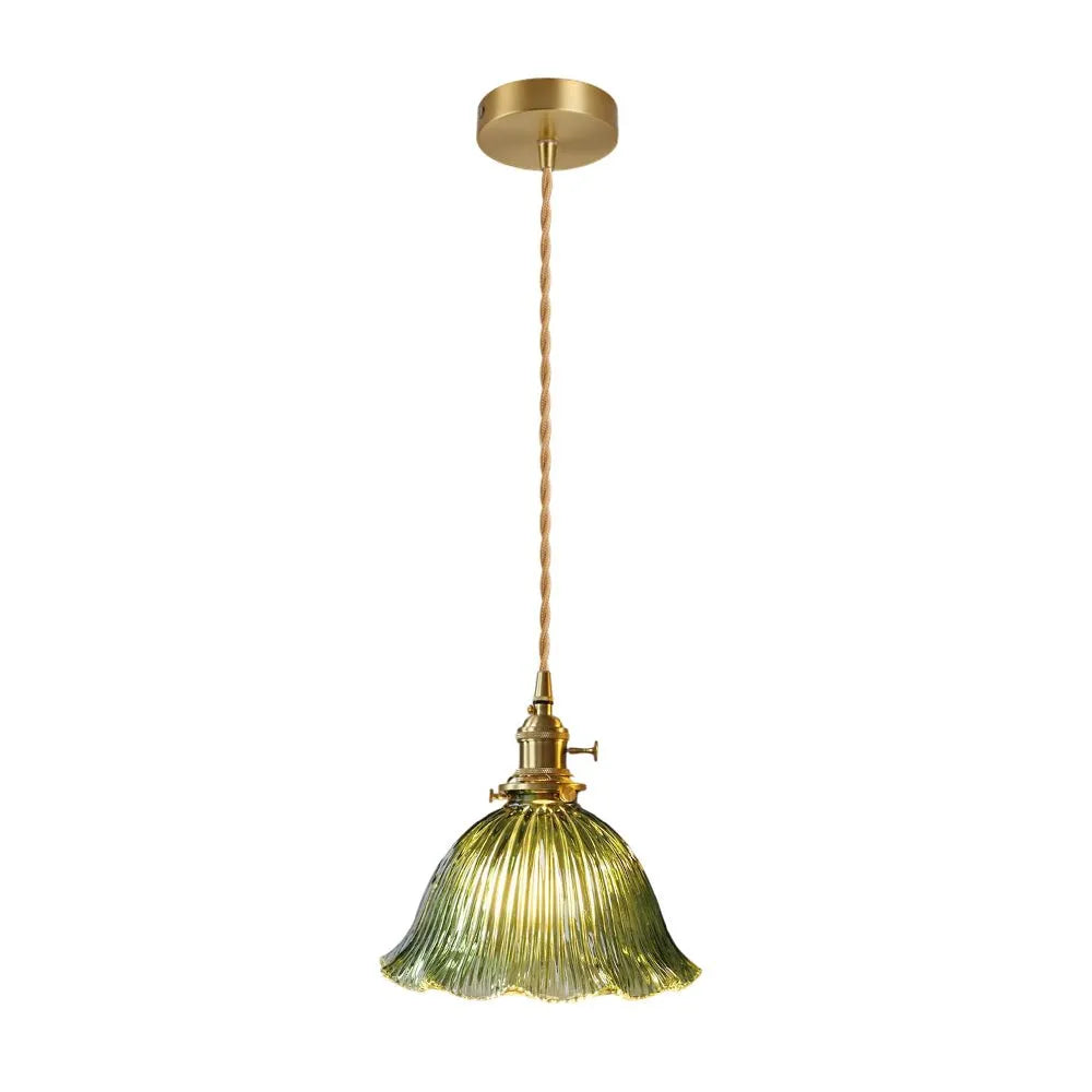 Vintage Olive Ribbed Glass Bell Pendant Light