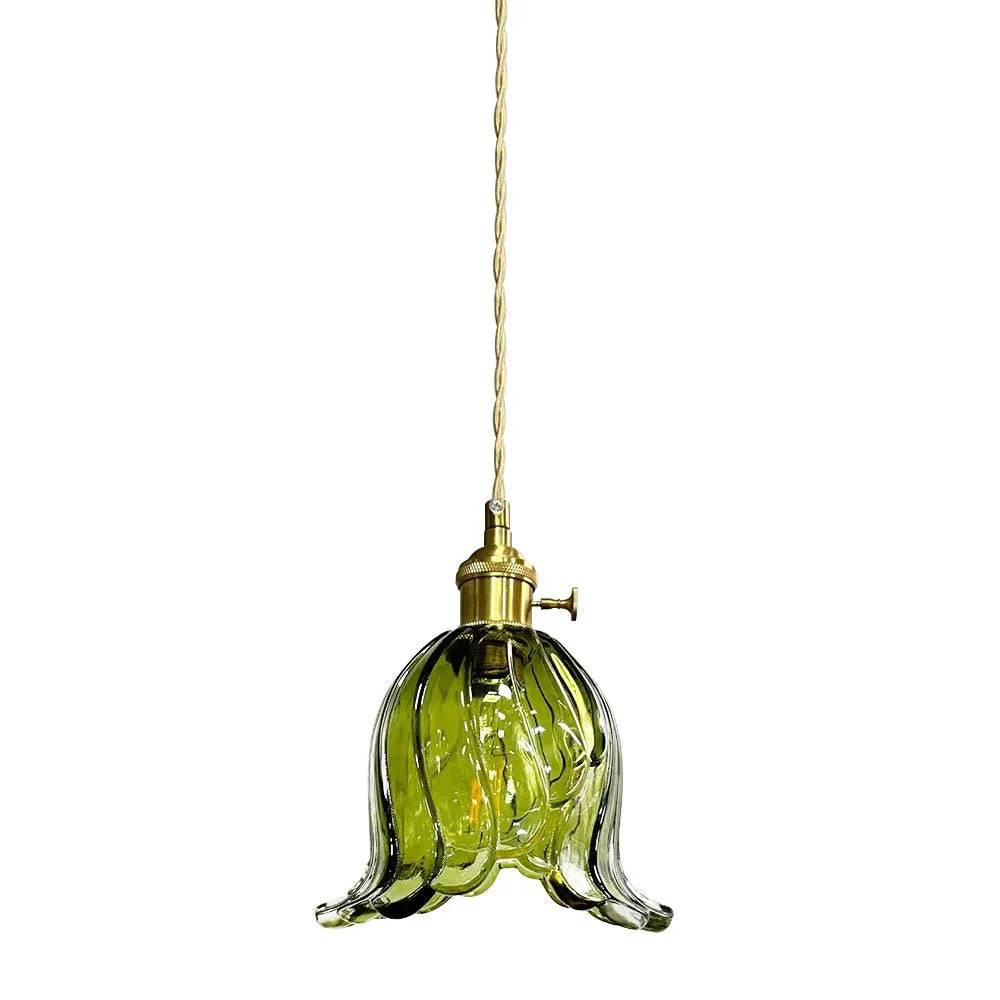 Vintage Olive Ribbed Glass Bell Pendant Light