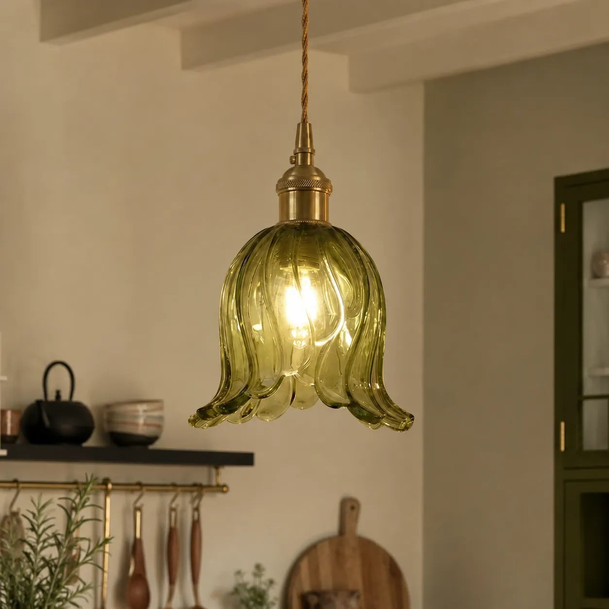 Vintage Olive Ribbed Glass Bell Pendant Light