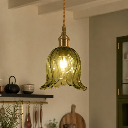 Vintage Olive Ribbed Glass Bell Pendant Light