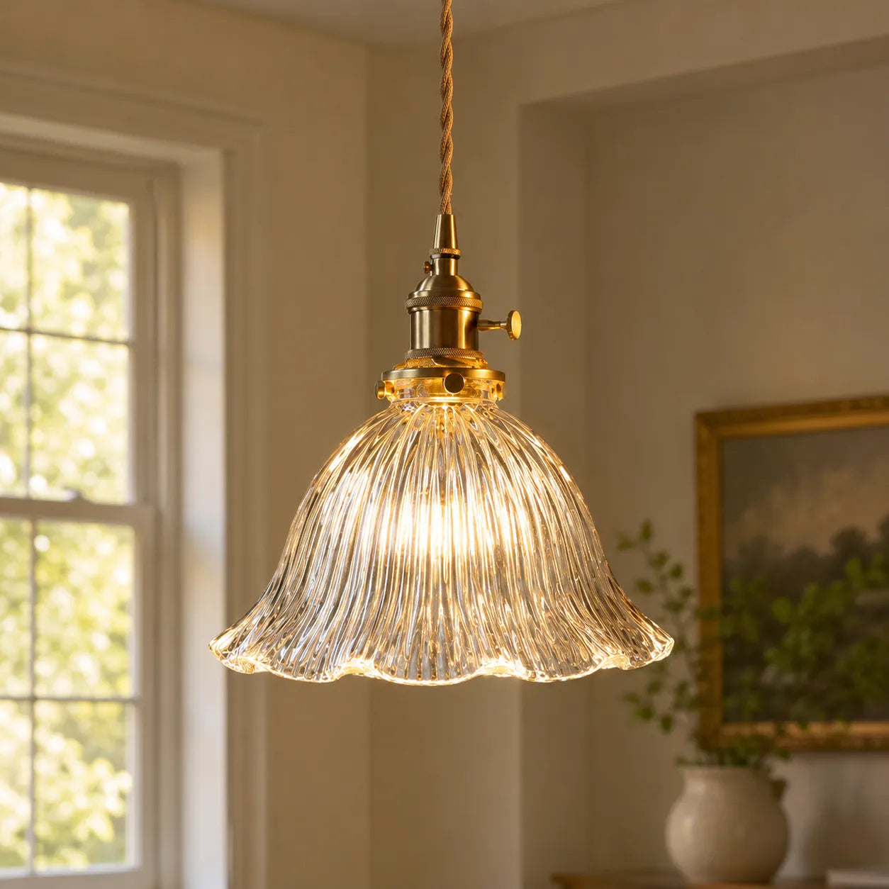 Vintage Olive Ribbed Glass Bell Pendant Light