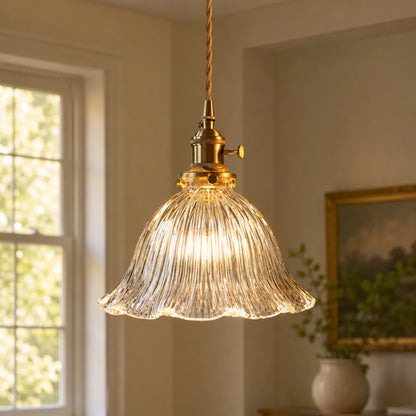 Vintage Olive Ribbed Glass Bell Pendant Light