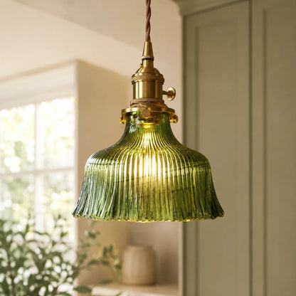 Vintage Olive Ribbed Glass Bell Pendant Light