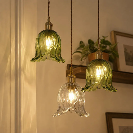Vintage Olive Ribbed Glass Bell Pendant Light