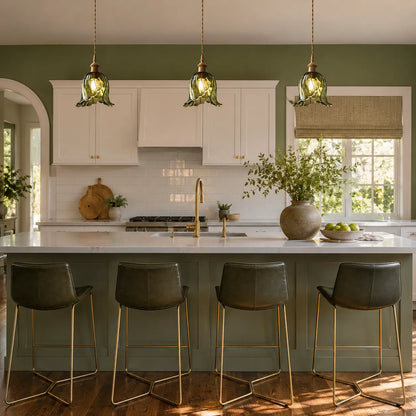 Vintage Olive Ribbed Glass Bell Pendant Light