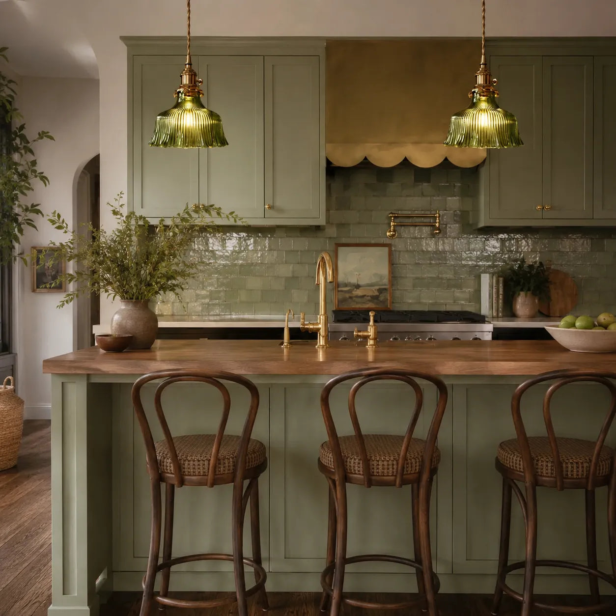 Vintage Olive Ribbed Glass Bell Pendant Light