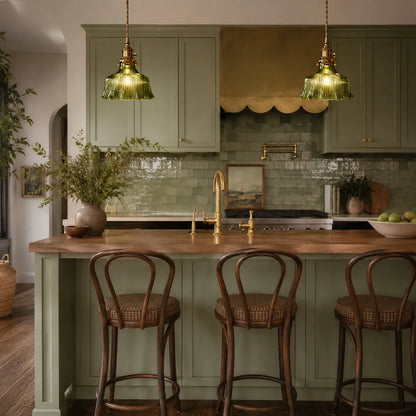 Vintage Olive Ribbed Glass Bell Pendant Light