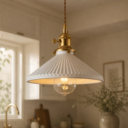 Vintage Pleated Ceramic Pendant Light with Brass Accents