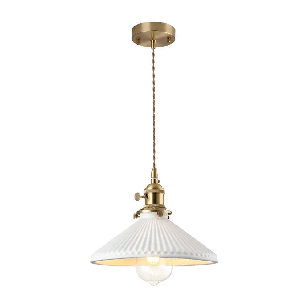 Vintage Pleated Ceramic Pendant Light with Brass Accents