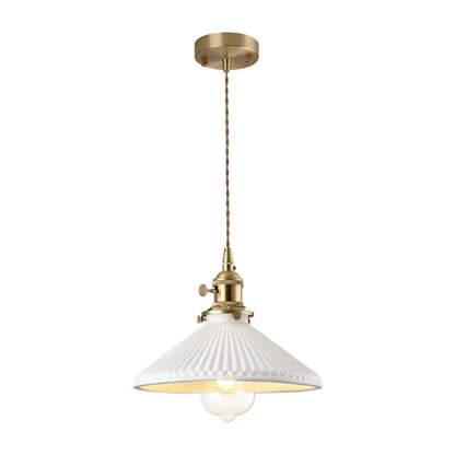 Vintage Pleated Ceramic Pendant Light with Brass Accents