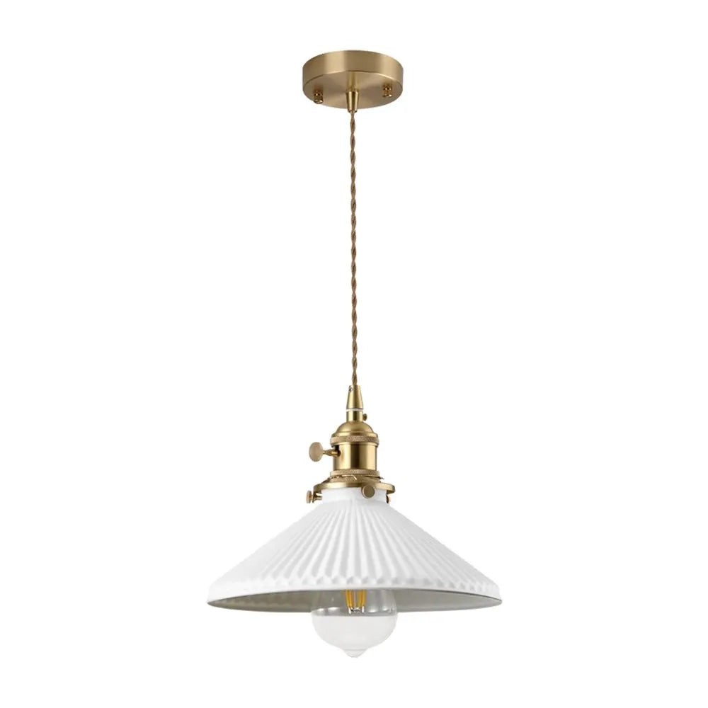 Vintage Pleated Ceramic Pendant Light with Brass Accents