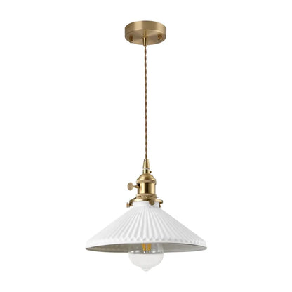 Vintage Pleated Ceramic Pendant Light with Brass Accents