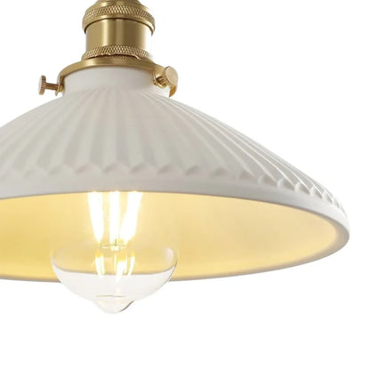 Vintage Pleated Ceramic Pendant Light with Brass Accents