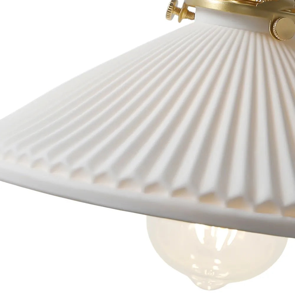 Vintage Pleated Ceramic Pendant Light with Brass Accents