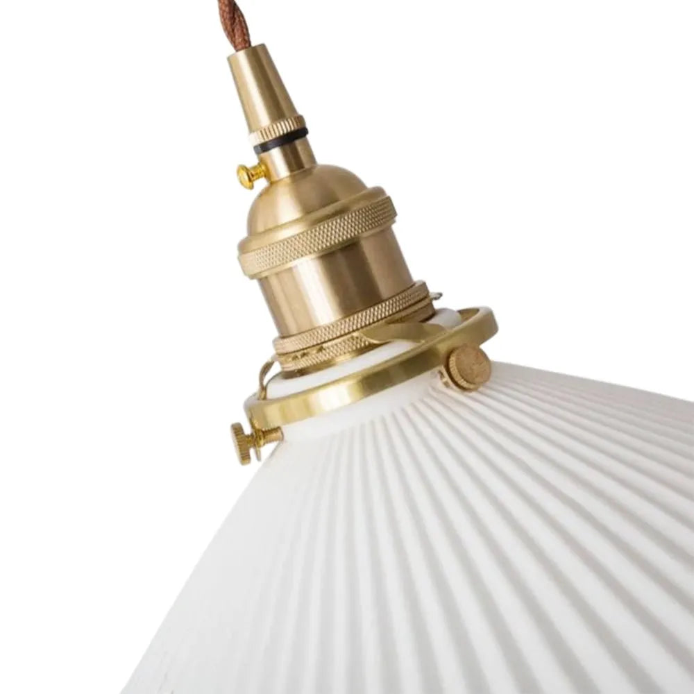 Vintage Pleated Ceramic Pendant Light with Brass Accents