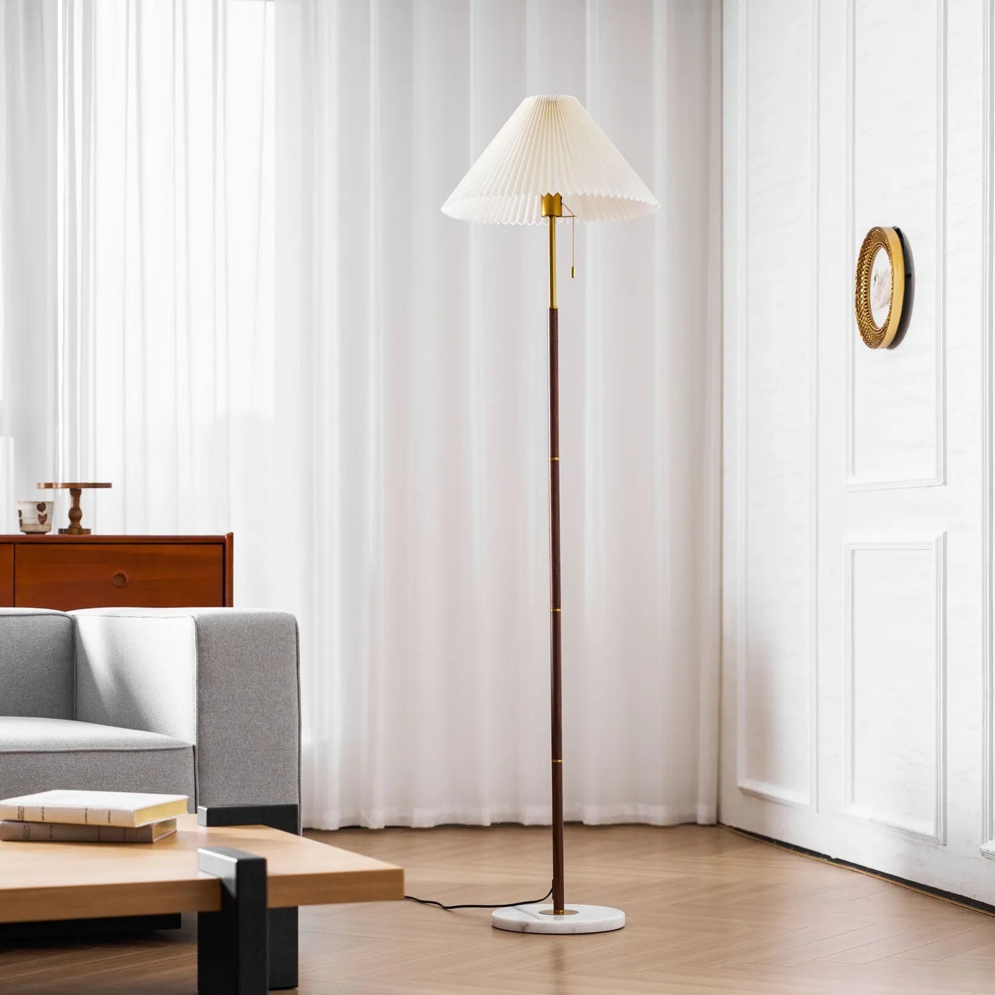 Vintage Pleated Fabric Marble Floor Lamp