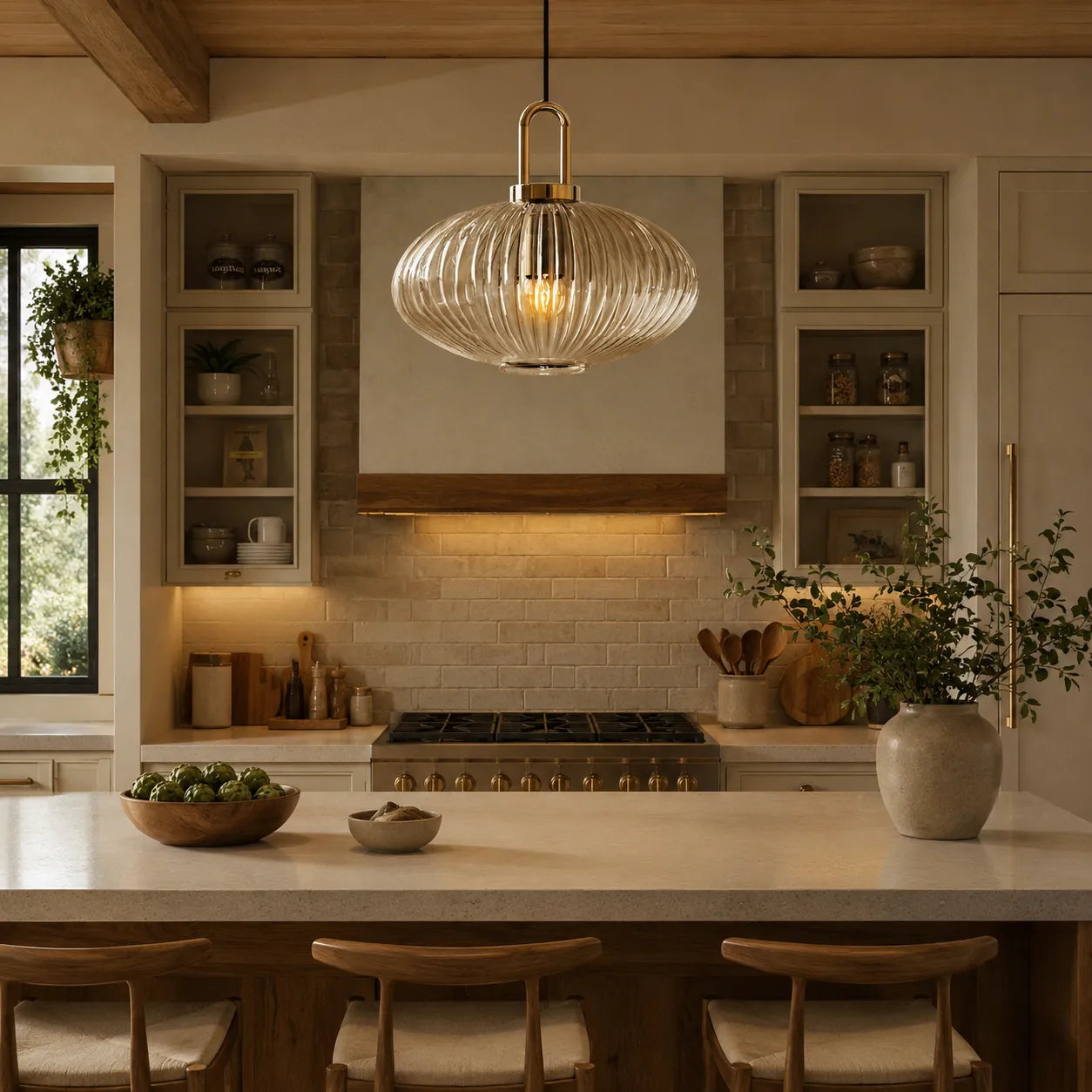Vintage Ribbed Glass Lantern Pendant Light