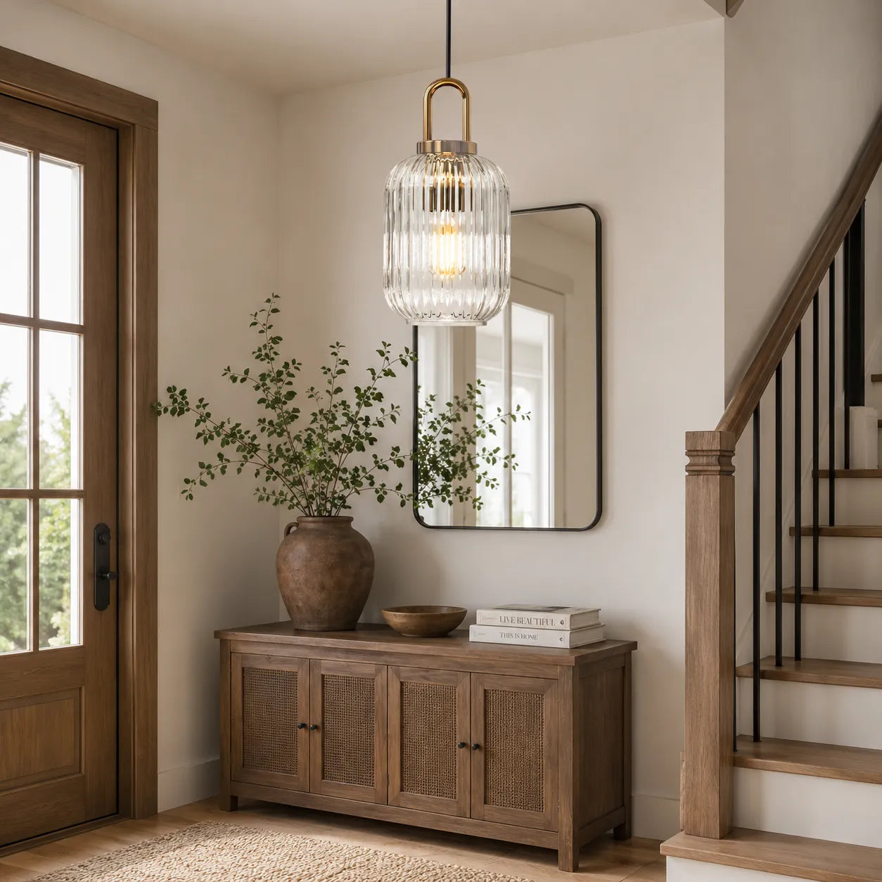 Vintage Ribbed Glass Lantern Pendant Light