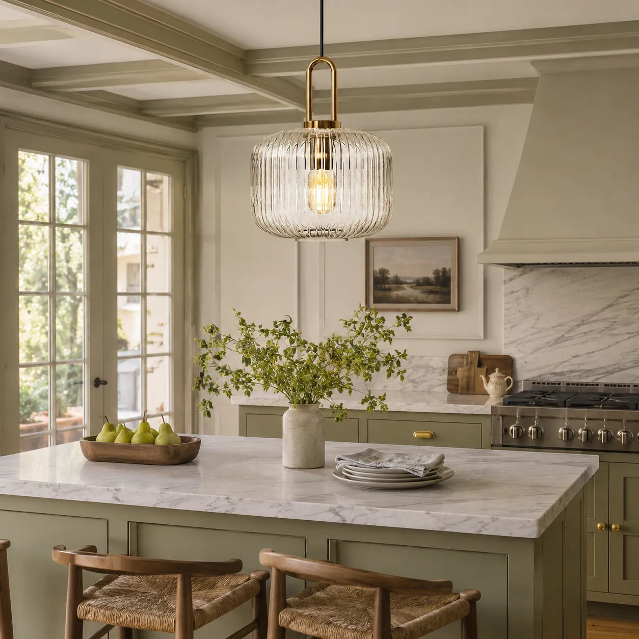 Vintage Ribbed Glass Lantern Pendant Light