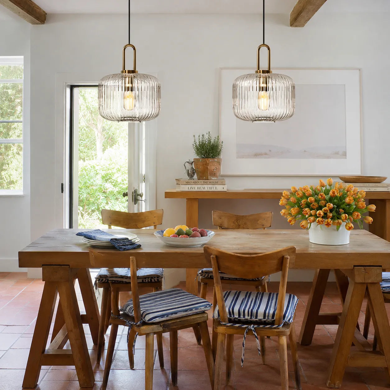 Vintage Ribbed Glass Lantern Pendant Light