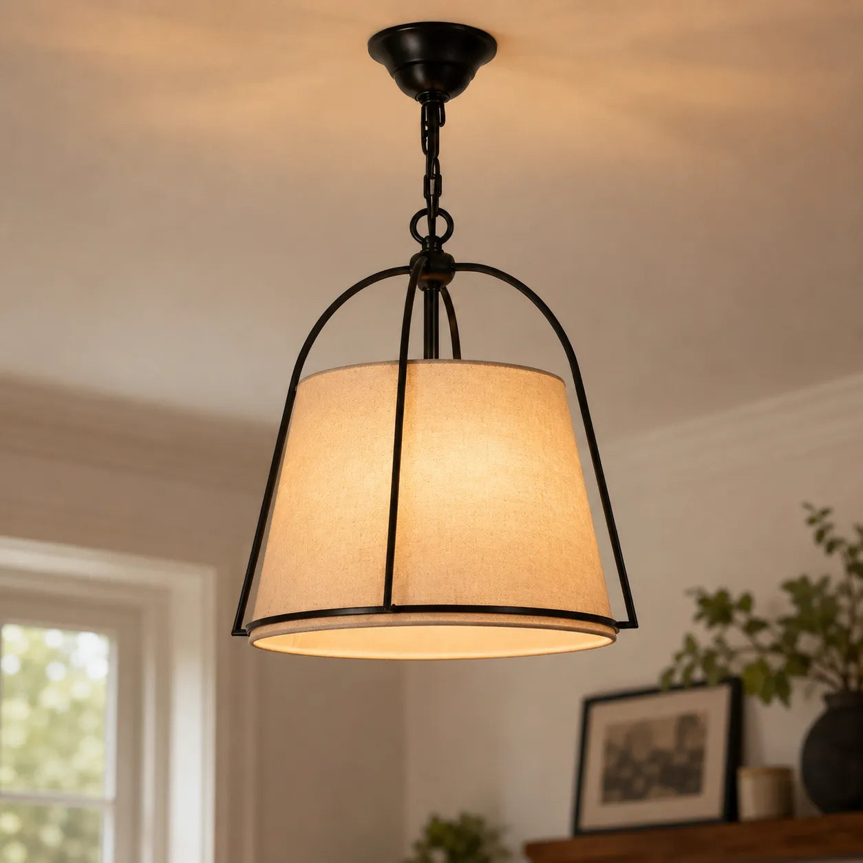 Vintage Tapered Linen Shade Conical Drum Pendant Light