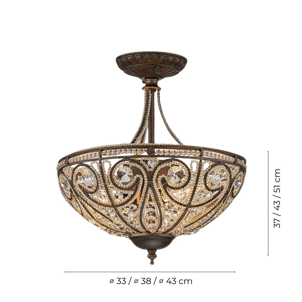 Vintage 3-Light Crystal Bowl Semi Flush Ceiling Fixture