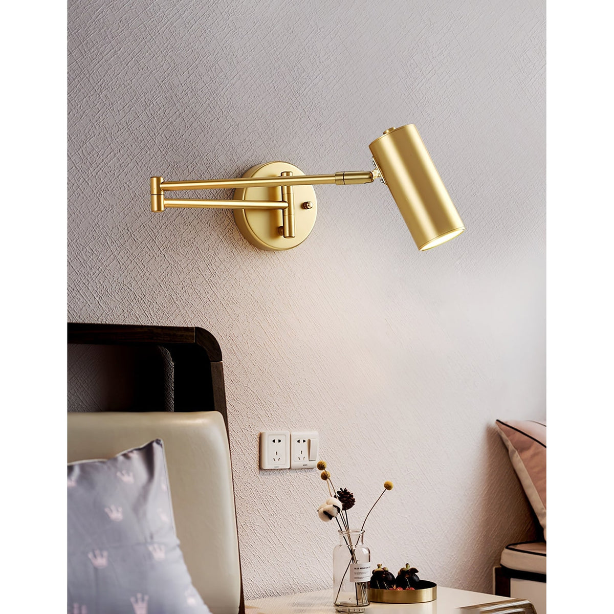 Adjustable Swing Arm Wall Sconce with Cylindrical LED Spotlight and Directional Reading Light - Image 11