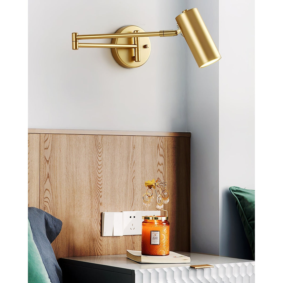 Adjustable Swing Arm Wall Sconce with Cylindrical LED Spotlight and Directional Reading Light - Image 16