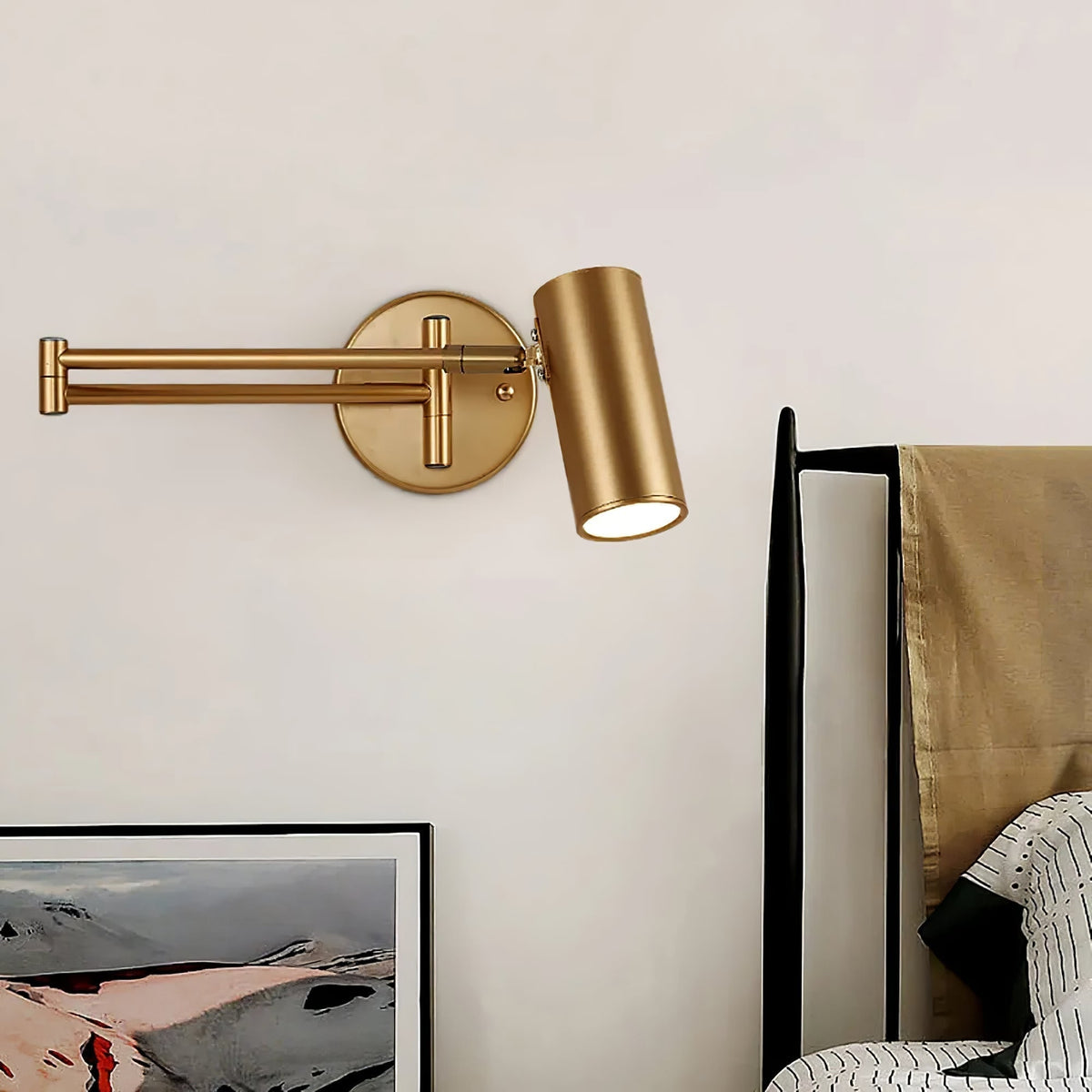 Adjustable Swing Arm Wall Sconce with Cylindrical LED Spotlight and Directional Reading Light - Image 6