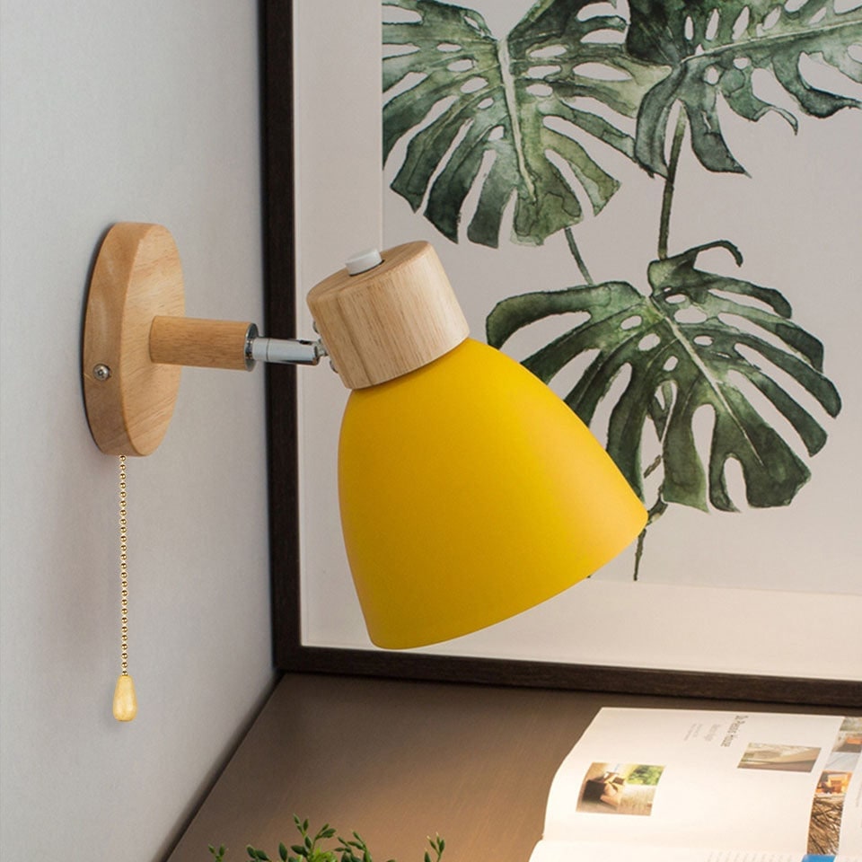 Adjustable Swing Arm Wall Sconce Wooden Base and Metal Shade - Image 1