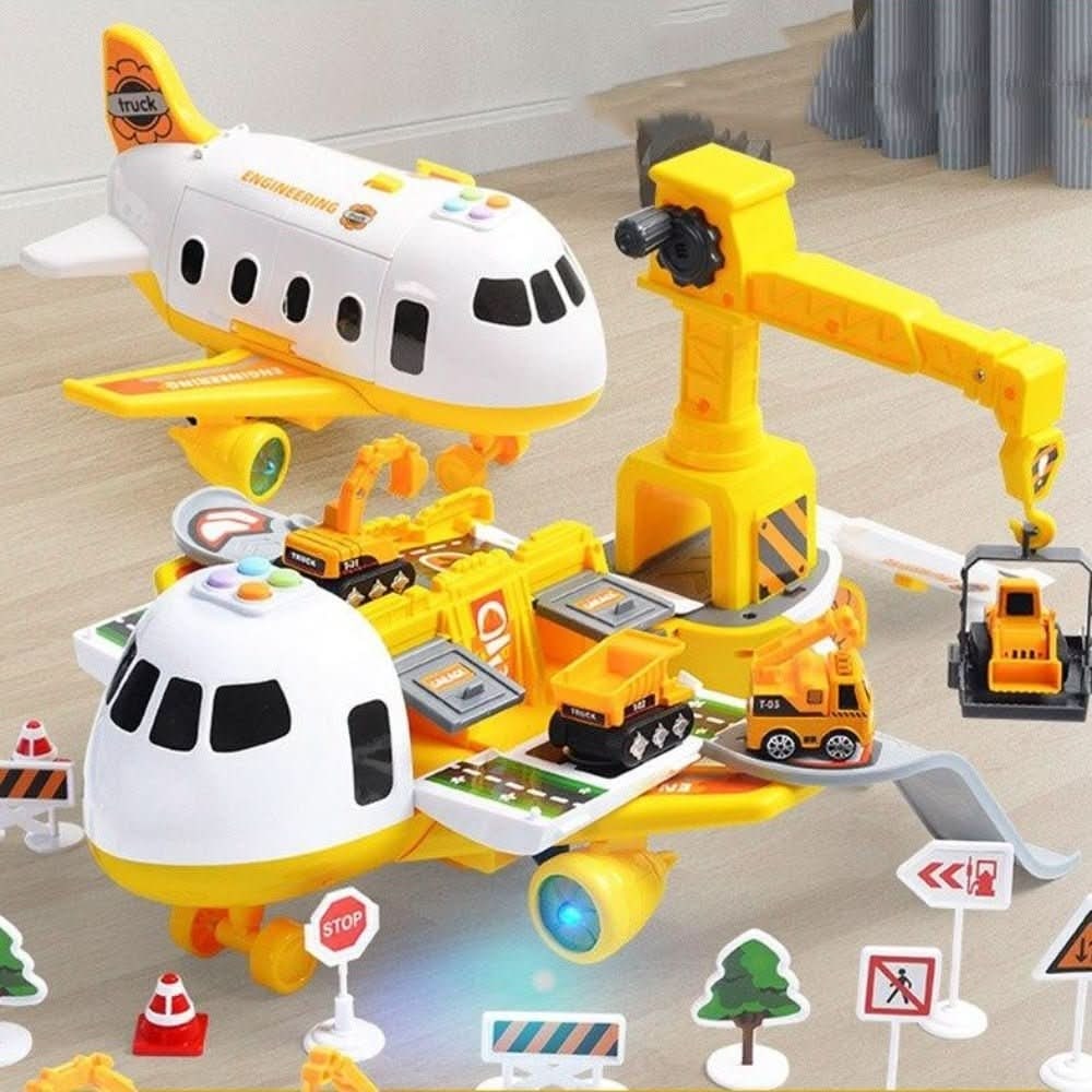 Airplane Toy Playset with Fold-Out Tracks Working Crane and Mini Vehicles - Image 3