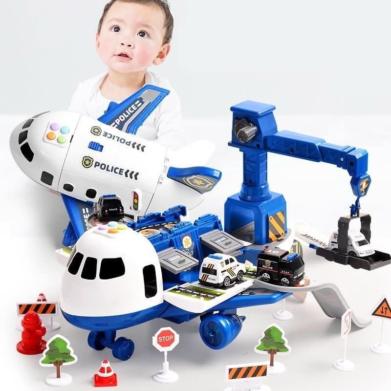 Airplane Toy Playset with Fold-Out Tracks Working Crane and Mini Vehicles - Image 6