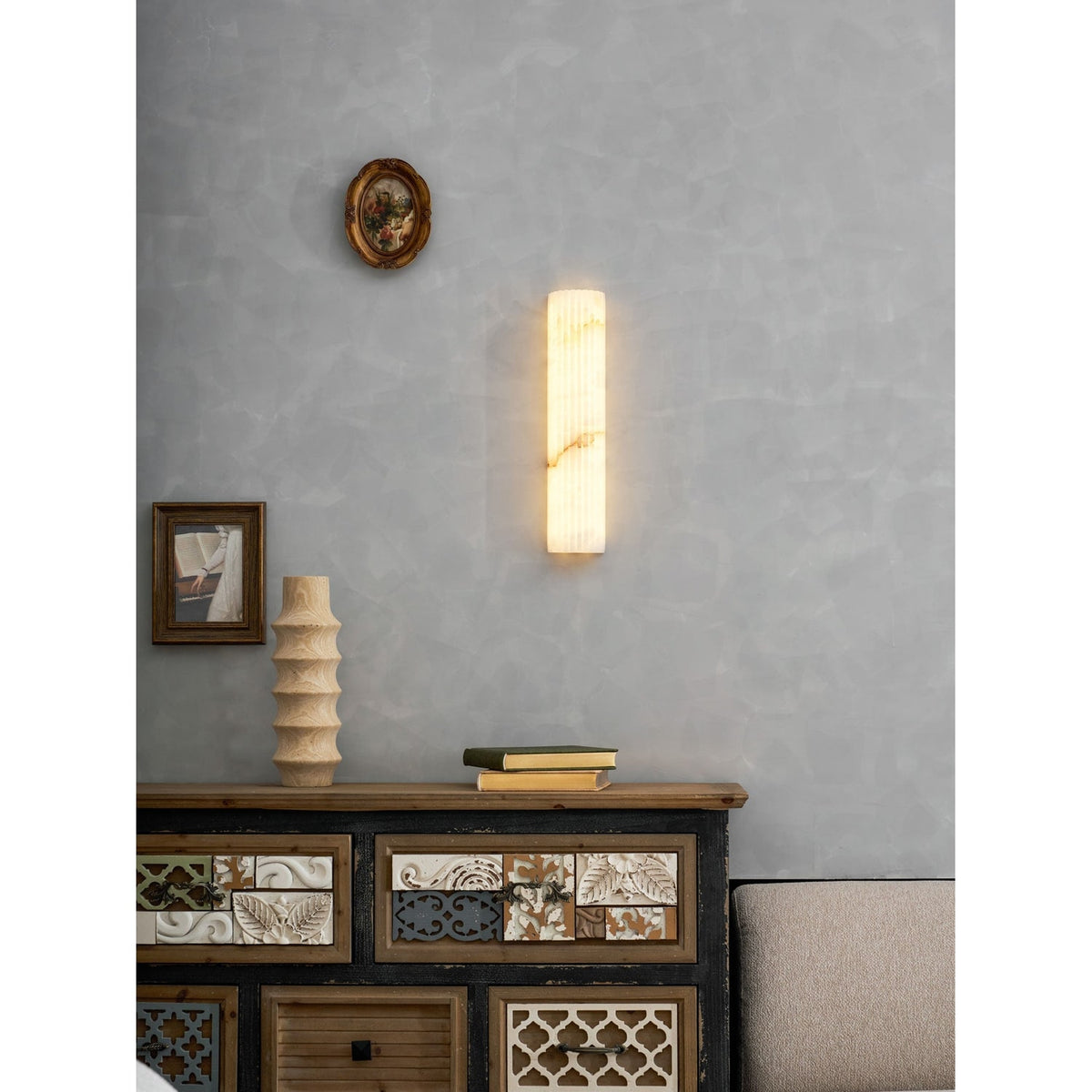 Alabaster Wall Sconce with Fluted Stone Texture and Integrated LED Light - Image 51
