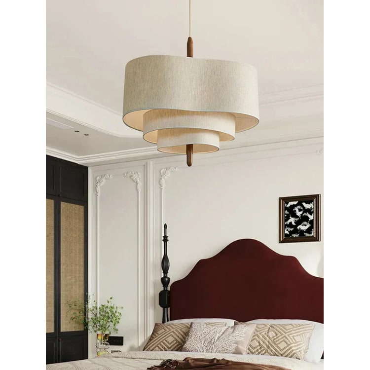 Bathroom Pendant Light Fixtures with Tiered Fabric Shade and Wood Accents - Image 1