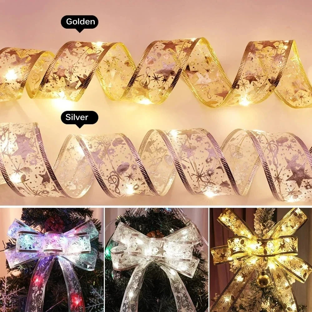 Battery-Operated Christmas Ribbon Bows with LED Fairy Lights and Wired Edges - Image 3