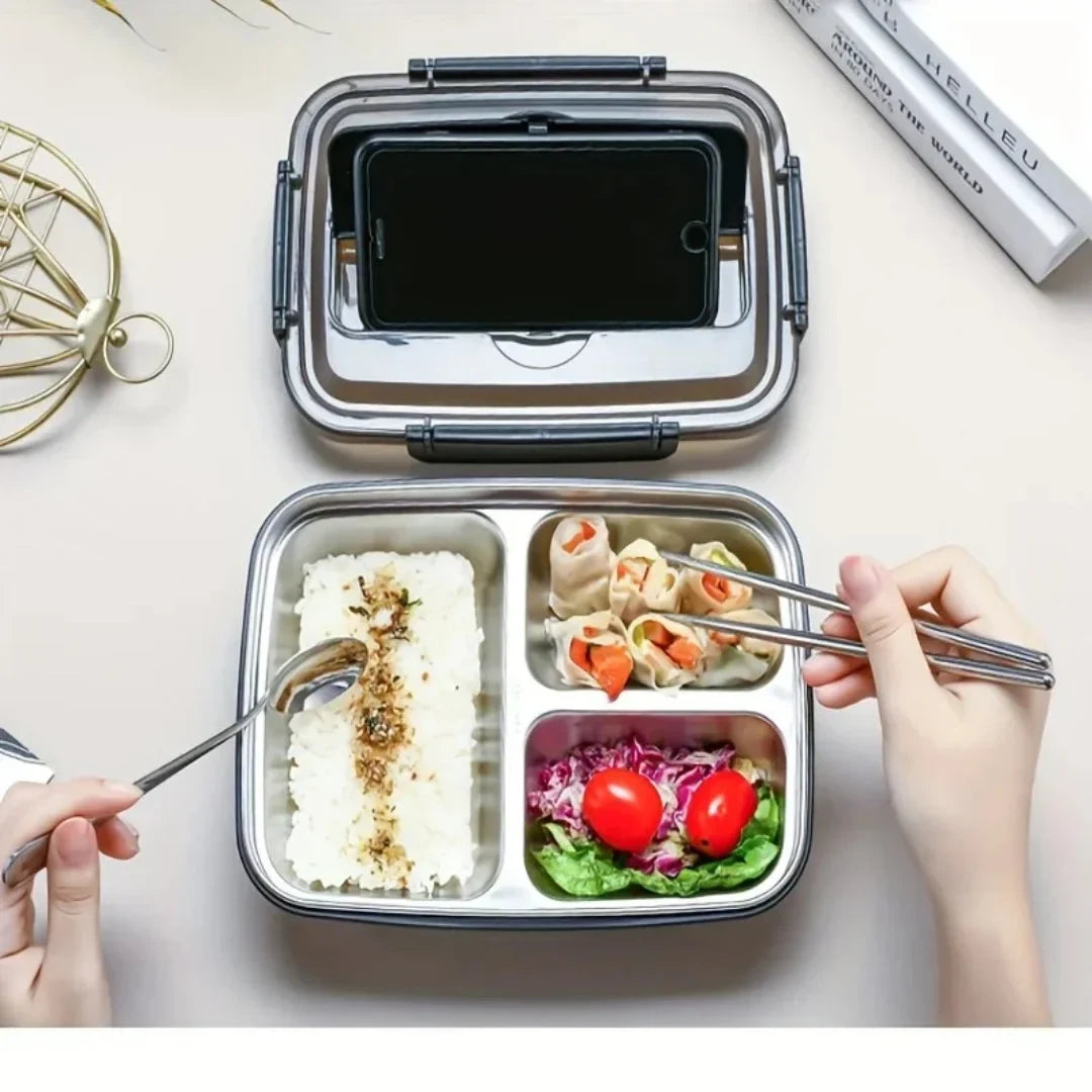 Bento Lunch Box with Stainless Steel Interior Airtight Compartments and Phone Stand Lid - Image 1