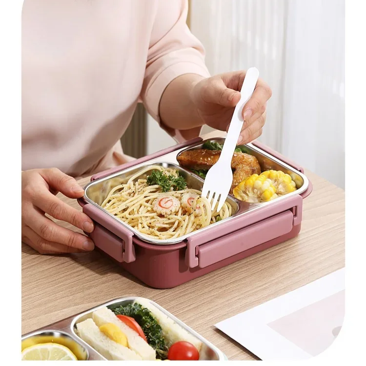 Bento Lunch Box with Stainless Steel Tray Three Compartments and Leak-Proof Lid - Image 12