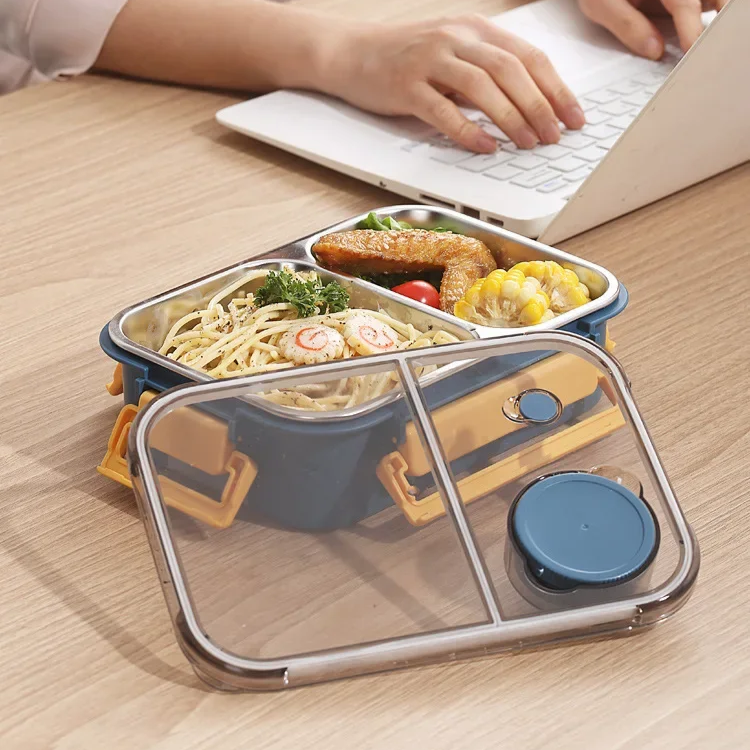 Bento Lunch Box with Stainless Steel Tray Three Compartments and Leak-Proof Lid - Image 4